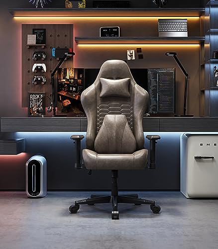 lbvuer Gaming Chair Ergonomic Vintage Leather Office Chair Adjustable Armrest Back Gaming Chair with Headrest and Lumbar Support (Brown) (Brown)