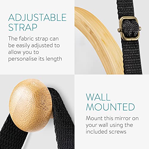 Navaris Round Hanging Mirror - Small Bamboo Wall-Mounted Contemporary Modern Design Mirror with Adjustable Strap for Living Room, Bedroom, Hallwa