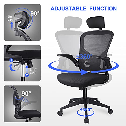 JAJALUYA Office Chair Mesh Computer Chair with Adjustable Headrest and Lumbar Support Desk Chair Ergonomic Office Chair with Flip-up Armrest for