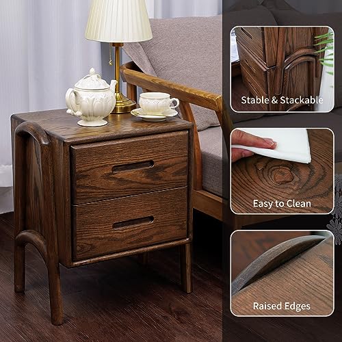 OOKSEN Nightstand, Mid Century Modern Nightstand, Solid Wood Bedside Table with 2 Drawer, Small Night Stand for Bedroom Living Room, Walnut