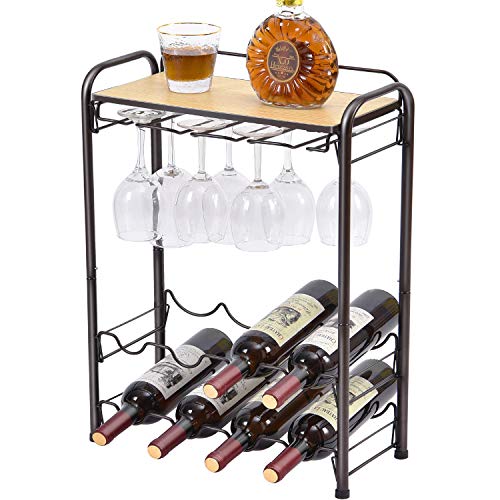 KINGRACK 8 Bottle Wine Rack with Glasses Holder and Table Top - 4 Tier Free Standing Metal Wine Shelf for Kitchen, Wine Cellar, Bar, and Countert