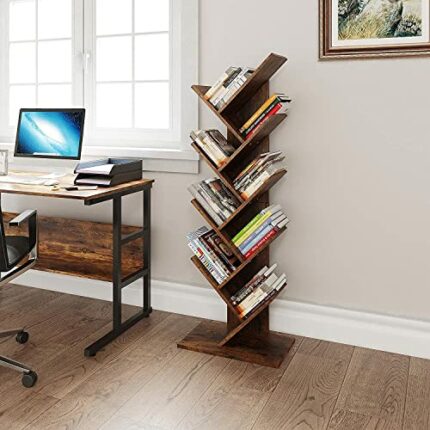 YITAHOME Tree Bookshelf, Floor Standing Book Shelf, Rustic Brown Industrial Wooden Shelves Bookcase, Display Storage Shelving Units for Living Ro