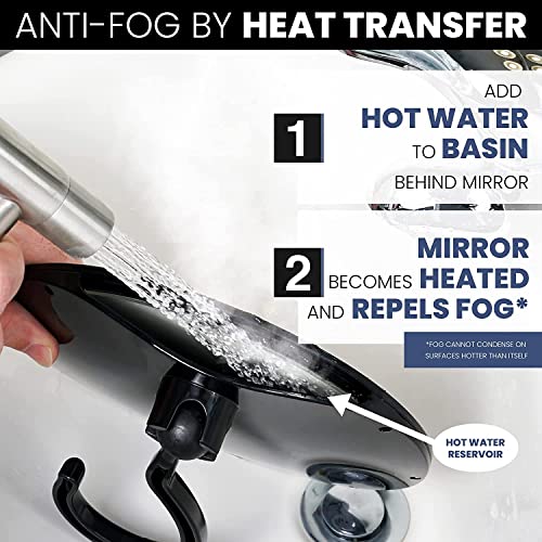 Round Hanging Fogless Shower Mirror for Shaving with Real Glass Surface and Adjustable Swivel Hook - Simply Fill Back Chamber/Reservoir with Hot