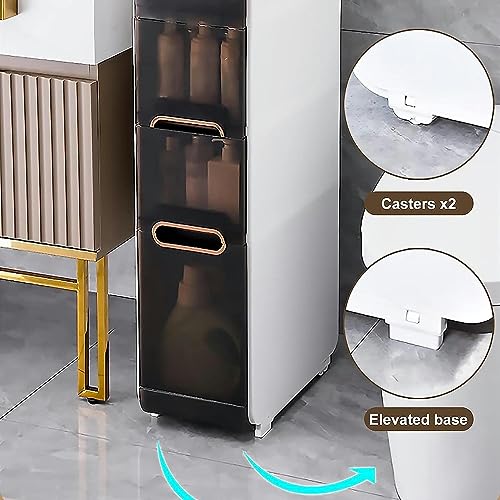 Narrow Bathroom Storage Cabinet with Drawer, 4-Tier Large Capacity Tall Slim Bathroom Floor Cabinet with Plastic Drawers and Casters Vertical Sto