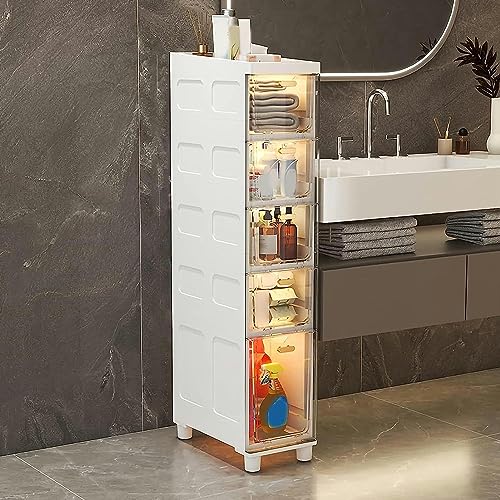 OPSREY Slim Bathroom Cabinet Storage, Large Capacity Slim Toilet Paper Storage Cabinet with Clear Plastic Drawers Casters Narrow Tall Slim Floor