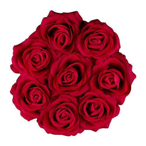 Relaxdays Round Flowerbox with 8 Faux Roses, Black Box, Last 10 Years, Gift, Decorative Bouquet, Red, 17 x 17 x 17 cm