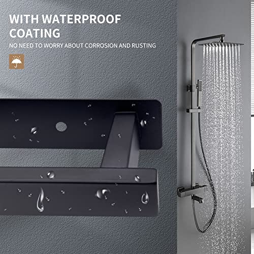 Mairhie Towel Rail & 2 Towel Hooks, Matt Black Self Adhesive Towel Rail, 16 Inch Wall Mounted Towel Bar, Waterproof Towel Hangers for Bathroom, S