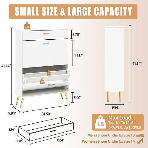 KUMIUNION Shoe Cabinet, Free Standing Shoe Rack Organizer with 2 Flip Drawers & Top Drawer, Modern Slim Narrow Shoe Storage with Metal Legs for E