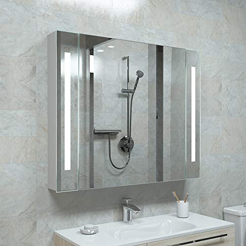 KAASUN Wall Mounted LED Bathroom Mirror Cabinet Sensor Switch and Shaver Socket Multifunctional Intelligence Storage Cabinet 650x600x125mm White