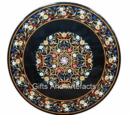 48 x 48 Inches Floral Pattern Inlay Work Dining Table Top Round Shape Black Marble Kitchen Table from Indian Cottage Art and Crafts