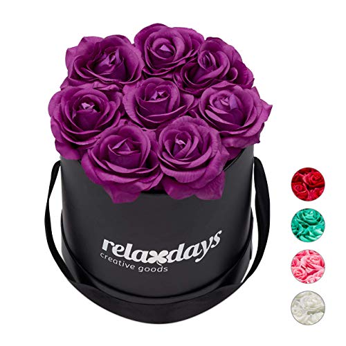 Relaxdays Round Flowerbox with 8 Faux Roses, Black Box, Last 10 Years, Gift, Decorative Bouquet, Red, 17 x 17 x 17 cm