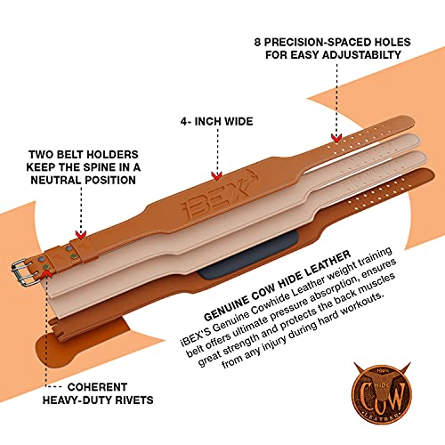 IBEX Weight Lifting Belt Leather 4” Padded Lumbar Back Support Suede Lining Steel Buckle Functional Training Bodybuilding Powerlifting Exercise D