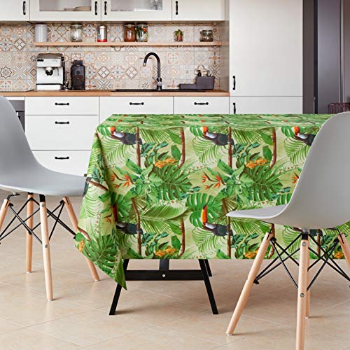 Green Tropical Jungle Wipe Clean Tablecloth - Textil Look - Rectangular 200x140 cm 78x55in - 6 Seats - Waterproof Vinyl PVC Wipeable Plastic Tabl