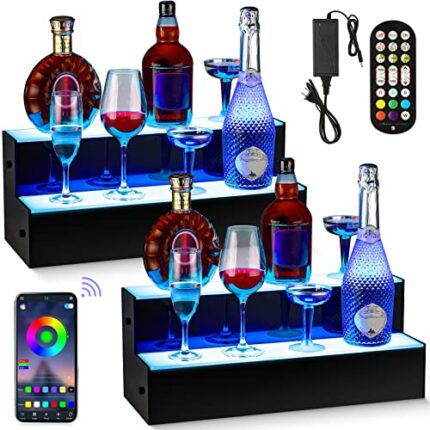 Qunclay 2 Pack LED Lighted Liquor Bottle Display Shelf 20 Inch 2 Step Illuminated Bar Bottle Shelf for Home Commercial Bar Counter Party, Acrylic