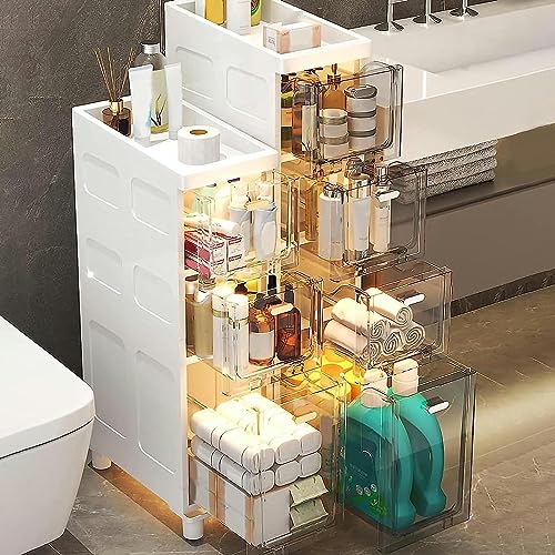 OPSREY Slim Bathroom Cabinet Storage, Large Capacity Slim Toilet Paper Storage Cabinet with Clear Plastic Drawers Casters Narrow Tall Slim Floor