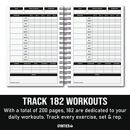 GYMTIER Workout Training Journal - A5 Gym Fitness Log Diary - 200 Pages Track your workouts - One Rep Max Tracker - Body Weight Goals & Tracking