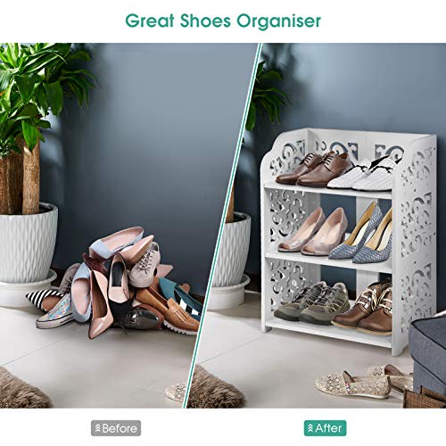 SOULONG 3 Tier Composite Wood Plastic Shoe Rack Storage Organiser White Openwork for Shoes 40 x 23 x 51 cm, White