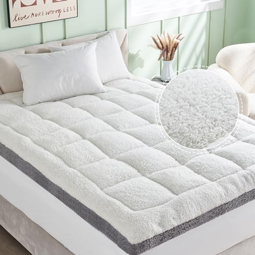 King Mattress Topper, Cymula Extra Thick Sherpa Mattress Pad with 900GSM Down for Back Pain Bed, Soft Plush Mattress Cover Fluffy Pillow Top with