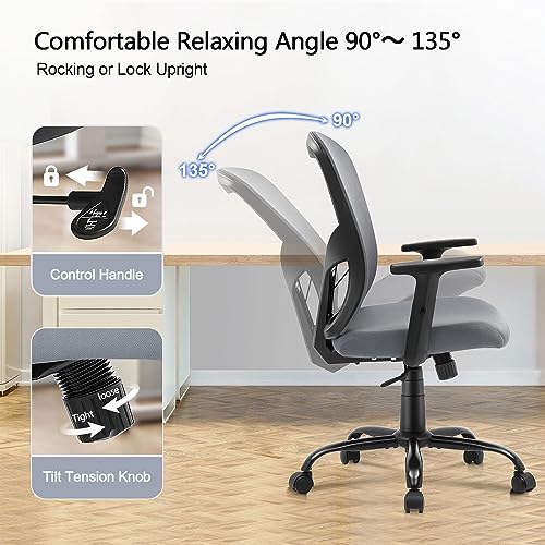 RYANGEL Ergonomic Office Chair for Home, 130° Rocking Desk Chair, Grey Mesh Office Chair with Adjustable Lumbar Support & PU Armrest, Executive S