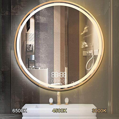 Round bathroom Illuminated mirror with Sensor Touch Control, 3-Colour Dimming Function, 600x600mm LED Backlit Makeup Mirror wall Mounted, IP44 Ra