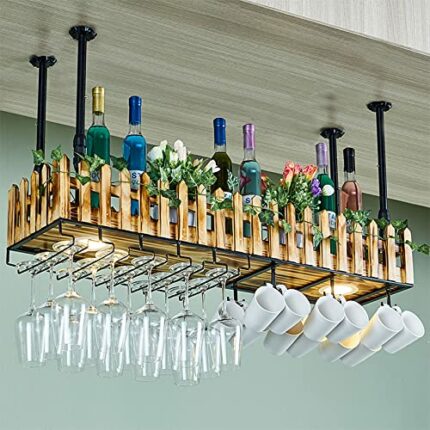 Rustic Hanging Wine Rack with Glass Holder and Shelf, Adjustable Ceiling Bar Wine Glass Rack with Lights, Iron Bottle Holder Wine Shelf