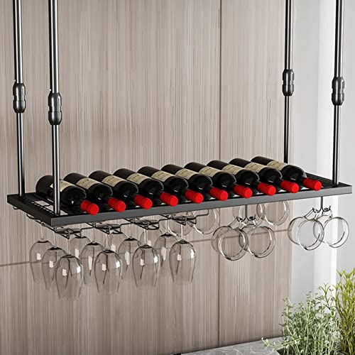 EMISOO Ceiling Wine Rack with Glass Holder, Hanging Wine Storage Display Racks Shelf Glass Rack Wine Bottle Holder for Under Cabinet, Kitchen, Ba