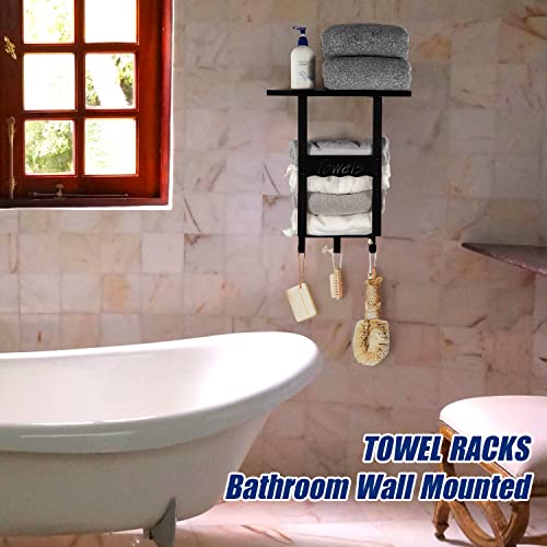 Lzziib Wall Mounted Towel Rack for Bathroom with Shelf, Towel Hanger Holder with 3 Hooks and Wooden Shelf, Metal Frame Decorative Towel Storage f