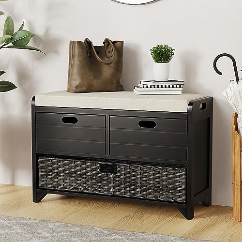 LOVMOR 32" Storage Bench for Entryway, Shoe Bench with Storage Removable Basket and 2 Drawers, Entryway Bench with Shoe Storage, Entryway Storage