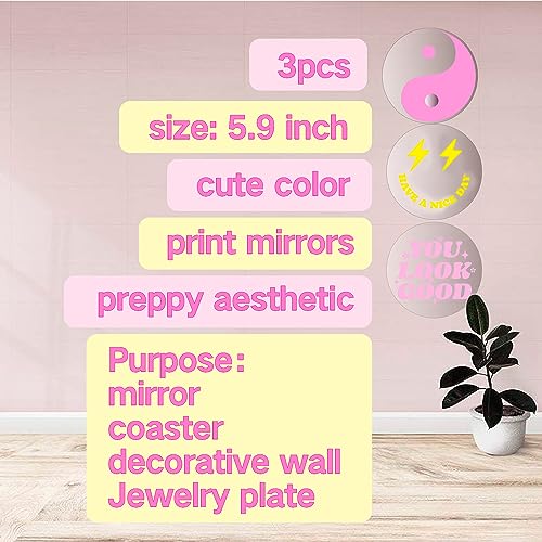 Mirrors for Wall - Preppy Acrylic Round Mirror Pink Aesthetic Wall Decor Art for Teen Girls Hanging Bedroom Bathroom Livingroom Set of 3Pcs
