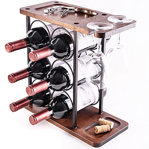 LINGLAN Wine Rack 6 Bottles, Countertop Wine Bottles Holder Racks, 3 Tier Wine Display Shelves with 2 Wine Glass Drying Rack