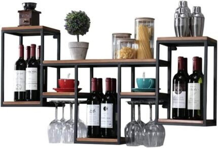 EYLINK Wall Mount Wine Racks Metal and Wood, Vintage Wine Holder Wine Cabinet Bottle Holder, Kitchen Bar Goblet Stemware Glass Racks, Wall Shelf