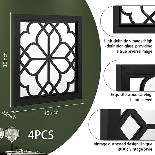 Tatuo 4 Pcs 12 x 12 Inch Square Mirrors for Wall Decor Rustic Farmhouse Accent Mirror Living Room Entry Decorative Mirror for Bedroom Kitchen Bat