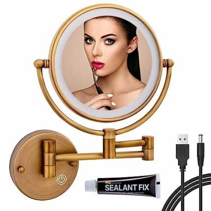 RECKODOR Bathroom Mirror with LED Wall Mounted for Shaving and Makeup,Brass Extending Mirror,Adjustable Light,Double Sided 5X Magnifying Round Mi