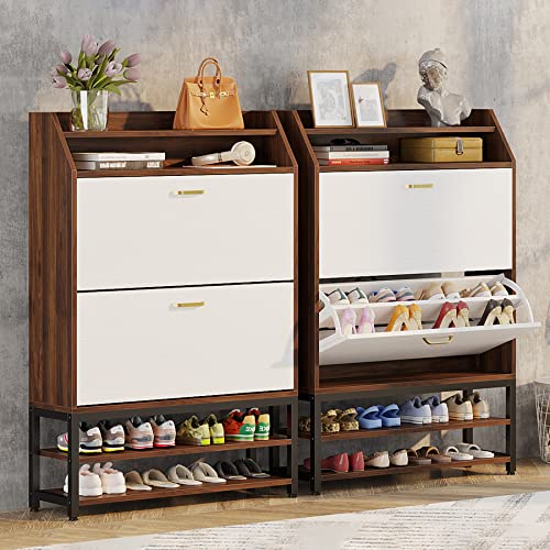 LITTLE TREE Tipping Bucket Slim Shoe Storage Cabinet with 2 Flip Drawers, Engineered Wood, Brown&White