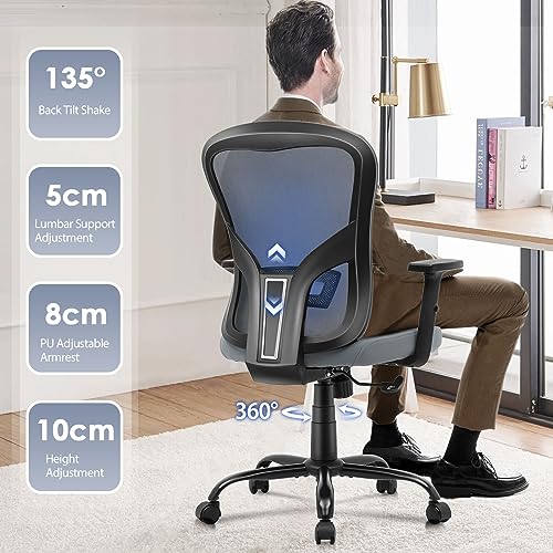 RYANGEL Ergonomic Office Chair for Home, 130° Rocking Desk Chair, Grey Mesh Office Chair with Adjustable Lumbar Support & PU Armrest, Executive S