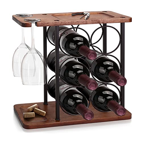 OBloved Wooden 3 Tier Countertop Wine Rack with Glass Holder, Wine Cabinet Counter Wine Rack Holder and Storage Wine Rack-Hold 6 Bottles and 2 Gl