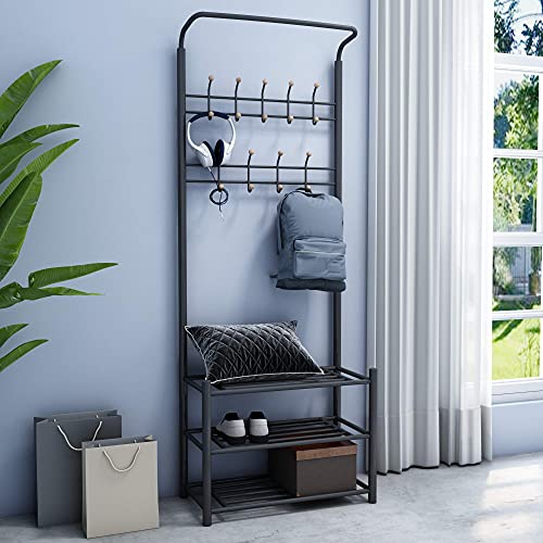 Meerveil Coat and Shoe Rack, Coat Stand, Rack with Shoe Storage, Clothes Rack with 18 Hooks Metal Frame, Entrance Furniture Shelf with Bench, Liv