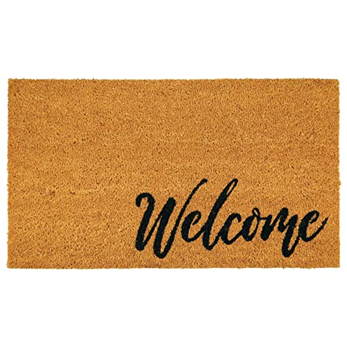 mDesign Decorative Doormat – Natural Coir Doormat with Script Writing – Welcome Mat for Indoor and Outdoor Use – Black/Brown