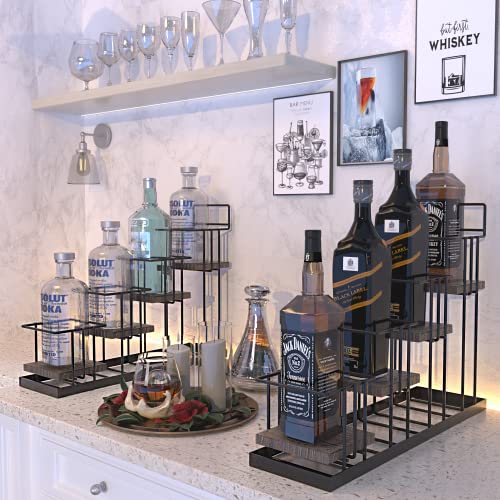 J JACKCUBE DESIGN Syrup Bottle Holder Rack, Rustic Wood and Metal Wire 4 Tier Syrup, Wine, Dressing Bottle Countertop Display Storage Stand for K