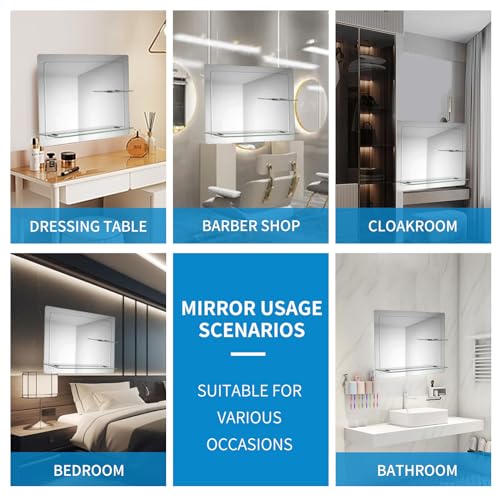 iBathUK Bathroom Mirror with Shelf, 800 x 600mm Wall Mounted Vanity Mirror with Double Storage Frameless Mirror, Bathroom Room Hanging Mirror