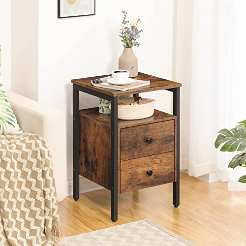 HOOBRO Bedside Table with 2 Drawers, Industrial Sofa Side End Table, Nightstand, End Table with Storage Shelves, for Living Room, Bedroom, Accent
