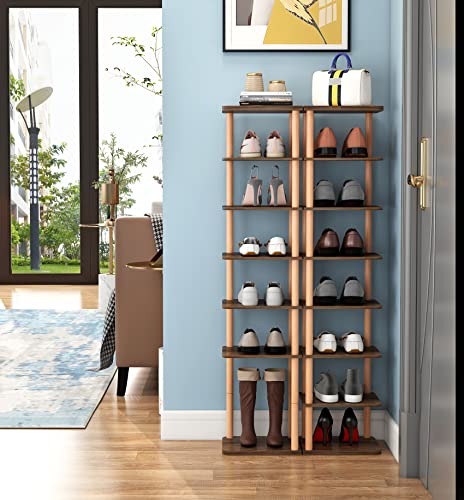 LUCKNOCK 8 Tiers Vertical Narrow Shoe Rack/ Organizer, Stylish Wooden Space Saving Shoe Storage Stand/ Shelf/ Tower Free Standing for Entryway, N