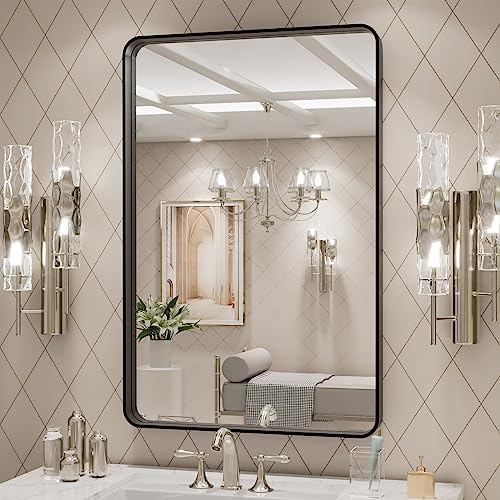 LOAAO 20X30 Inch Black Metal Framed Bathroom Mirror for Wall, Matte Black Bathroom Vanity Mirror Farmhouse, Large Rounded Rectangle Mirror, Anti-