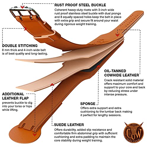 IBEX Weight Lifting Belt Leather 4” Padded Lumbar Back Support Suede Lining Steel Buckle Functional Training Bodybuilding Powerlifting Exercise D