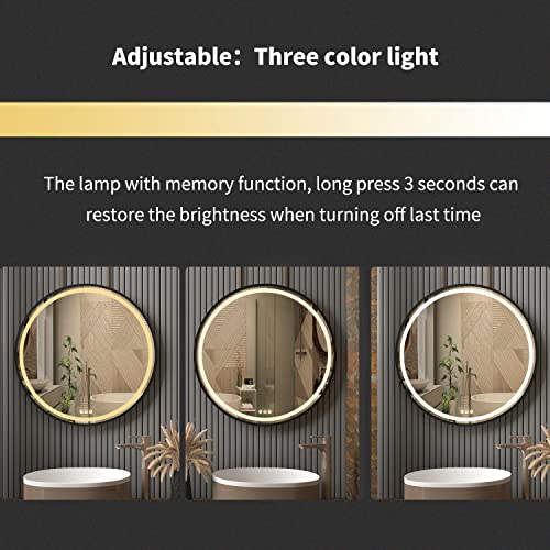 LUVODI LED Bathroom Mirror with Black Frame, 600x600mm Round Illuminated Lighted Wall Hanging Vanity Mirror with Anti-fog 3 Dimmable Lighting Col