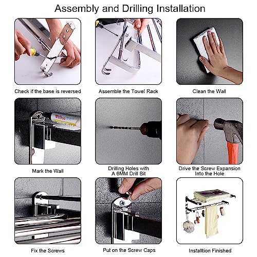 HONPHIER Towel Rail Wall Mounted 2-Tier Foldable Towel Holder Bath Towel Rack With Activity 5 Hooks SUS 304 Stainless Steel Towel Shelves Towel R