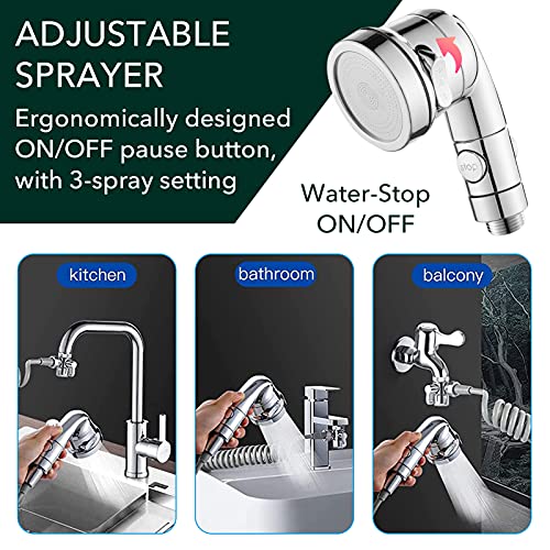 Roscid Sink Faucet Sprayer Attachment Set, Kitchen Bathroom Pet Bathing Shower Head with 9.8ft Hose and G1/2 / M22 / M24 Faucet Adapters, Hair Wa