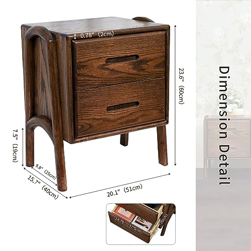 OOKSEN Nightstand, Mid Century Modern Nightstand, Solid Wood Bedside Table with 2 Drawer, Small Night Stand for Bedroom Living Room, Walnut