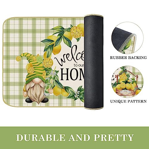 comfoyar Green and White Checkered Door Mat, Gnomes Lemon Welcome Home Floor Mats, Non Slip Rubber Backing Entrance Rug, Absorbent Washable Front