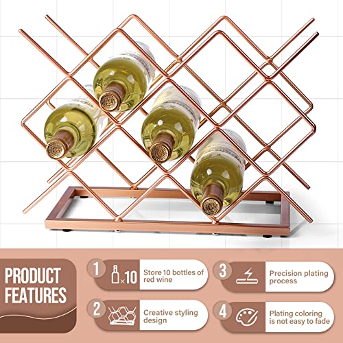 Drincarier Countertop Wine Rack - 10 Bottle Freestanding Modern Rose Gold Metal Small Wine Rack - Tabletop Wine Holder Stand for Cabinet, Pantry,